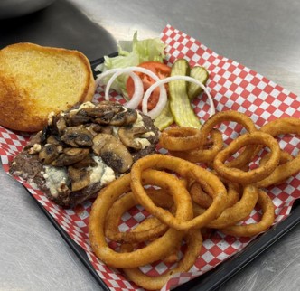 Cheeseburger with Onion Rings at the Hideaway Bar, Grill and RV Park